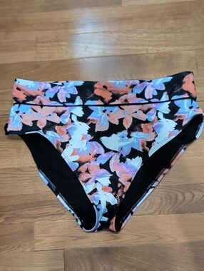 Time and Tru Black Bikini Bottoms with Coral and Light Blue Floral Print